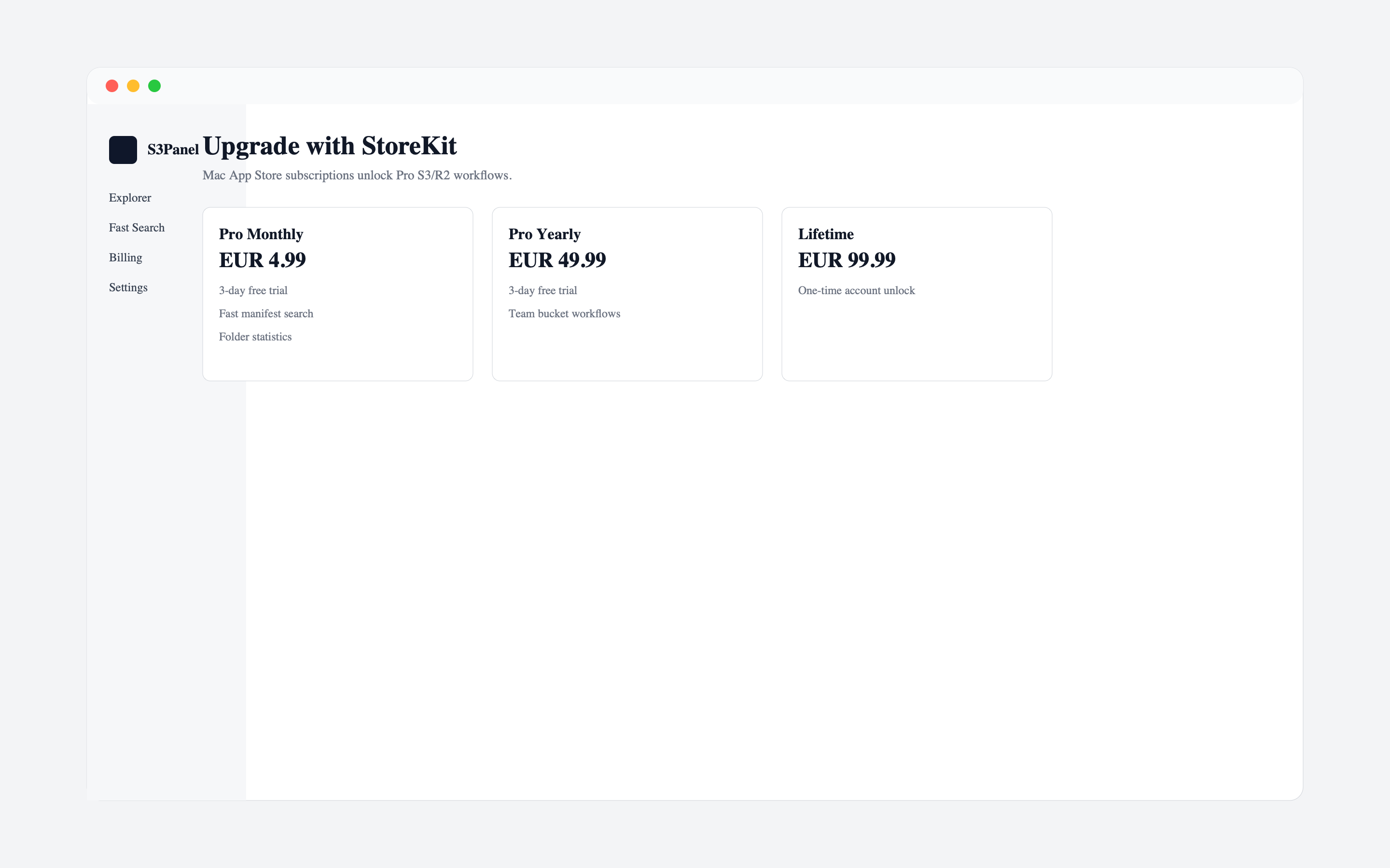 S3Panel billing and account access screen