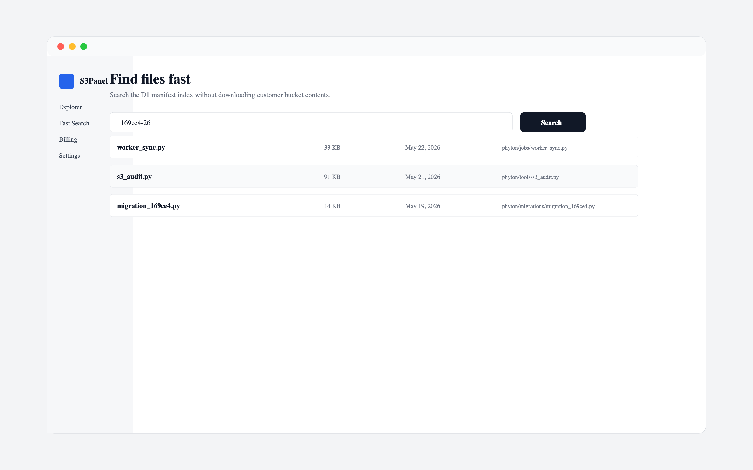S3Panel fast object search interface