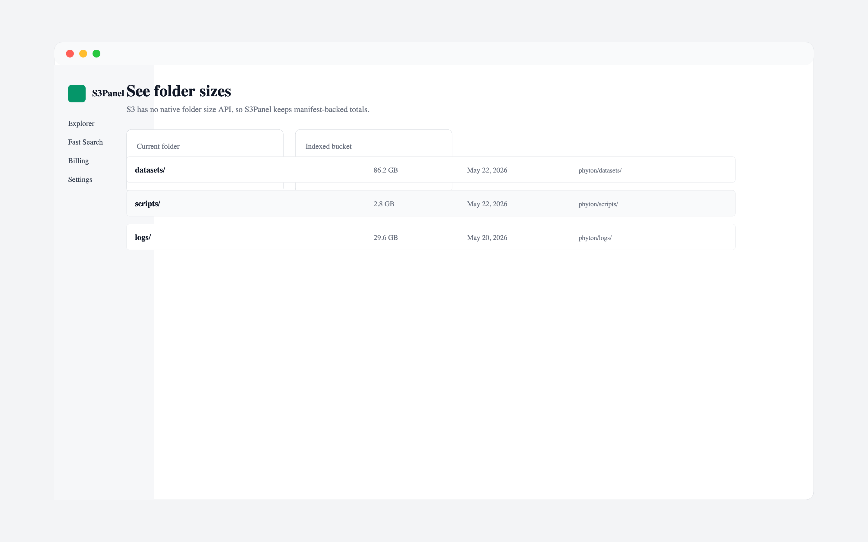 S3Panel folder statistics and object operations view